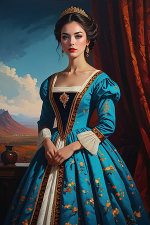 A portrait painting of ohwx woman wearing a first century dress, in the style of Alena Aenami