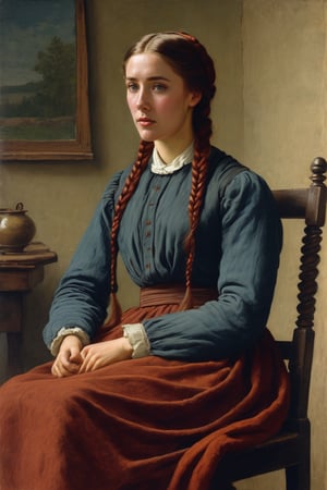 drawing of the beautiful ohwx woman by Albert Anker, long dark red braids, sitting on chair, innocent face, detailed face, old Swiss farm house interior background, high level of detail, grainy, warm and naturalistic colors,
