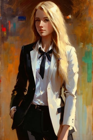 style of [Austin Briggs:Pino Daeni a painting], portrait of wo_k1ra02 woman, blonde straight long hair, wearing a black suit with white tie, night club at the background