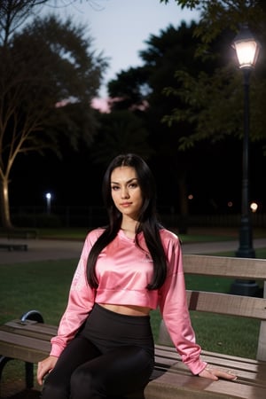 a photo of a long black hair wo_mariaozawa01, in a (park at night:1.5), wearing a pink gym clothes, sitting on a bench, intricated details, hyperdetailed, cinematic, high key, hdr