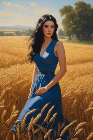 A painting in the style of Albert Lynch and Arson Liu, ohwx woman, long straight black hair, pinup, wearing a blue sundress dress in a field of wheat, masterpiece, high quality, detailed
