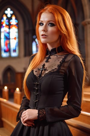 The gorgeous ohwx woman, orange hair, long straight hair, with dark makeup, gothic style, wearing sexy gothic clothes, in a church, bokeh effect, natural illumination, 8k, UHD, HDR effect, masterpiece, professional photography,ohwx woman