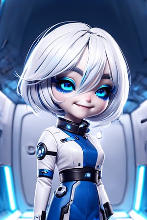 wo_g0rg301, chibi, a woman wearing a space outfit, in a space station, white hair with blue stripes, blue eyes and eye shadow, she has a big smile on herface, digital painting, masterpiece, 8k, UHD, red