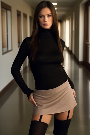 wo_licaprice01, masterpiece, high quality, highres, photorealistic, raw, extremely detail, extremely detail face, full body shot, solo, seductive face, long and brown hair, (black turtleneck shirt skirt and stockings:1.2), small boobs, school hallway background