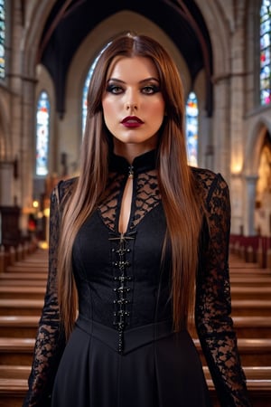 The gorgeous ohwx woman, brown hair, long straight hair, with dark makeup, gothic style, wearing sexy gothic clothes, in a church, bokeh effect, natural illumination, 8k, UHD, HDR effect, masterpiece, professional photography,ohwx woman