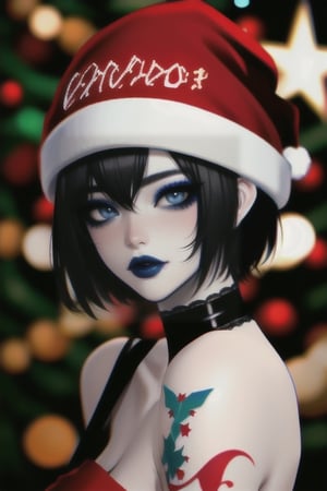 wo_g0rg301, a headshot woman with black short hair, wearing a (red christmas cap:1.2), tattos on her neck, blue lipstick, blue eye shadow, (christmas tree at the background, bokeh effect:1.2),black and white,<lora:659111690174031528:1.0>