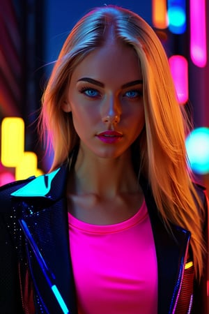 A captivating ohwx woman with sleek, straight blonde hair and striking blue eyes, dressed in modern, chic attire. She stands in an urban setting with futuristic neon lights casting colorful glows. Her expression is confident and enigmatic, with a sense of mystery. Best quality, ultra-detailed, 8k resolution, dynamic lighting.