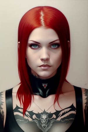 wo_iveb01, a woman with red hair and tattoos, by Ilya Kuvshinov, gothic art, visibly angry, stephen lau and artgerm, looking threatening, award - winning pencil drawing, in a oil painting style, evil woman, on a young beautiful woman neck, battle angel, anthropomorphic female, award winning manga style, trending on artstattion