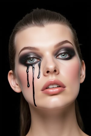 A high quality professional photograph of wom1ll4j0v with black eyeliner and black eyeshadow makeup. On her face we can see a string of fresh black glossy slime dripping down from her eyes to her cheeks. She has a dark tied hair and is looking directly at the camera with her gorgeous blue eyes. The background is solid black making the focus on the pale skin woman