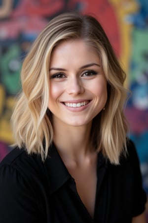 A professional headshot photography of the gorgeous wo3r1nM0, She has a big smile on her face and blonde bob hair, She is wearing a black shirt, she is in a photoshoot with colorful background, the image is extremely detailed with high quality in 8k, the image is raw and is a compleately masterpiece