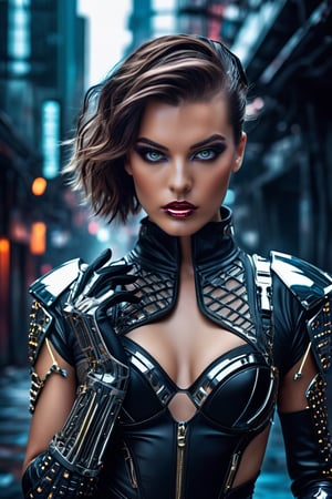 masterpiece, 8k, uhd, hdr effect, professional photography, the gorgeous ohwx woman, vogue style photo, portrait, wearing a futuristic amor, cyberpunk style, metal gloves, empowerment, 