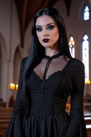 The gorgeous ohwx woman, black hair, long straight hair, with dark makeup, gothic style, wearing sexy gothic clothes, in a church, bokeh effect, natural illumination, 8k, UHD, HDR effect, masterpiece, professional photography,ohwx woman