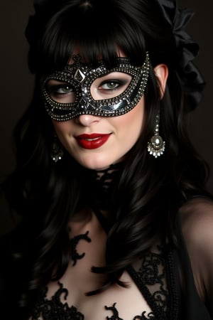 close up on face, great lighting, intricate detail, stunning wost0y4 battle mage, long black hair, bangs, jewelled earrings, dark eye-make-up, red lips, mask and cape from a masquerade ball, sheer silk dress with clothing cutouts, lace, leather, jewelled masquerade mask, slight smile, direct gaze, side soft light, elegant, gorgeous, highly detailed,, breathtaking, face in sharp focus, detailed face, dutch angle High Detail, Perfect Composition, realistic watercolour photorealistic image, interesting lighting