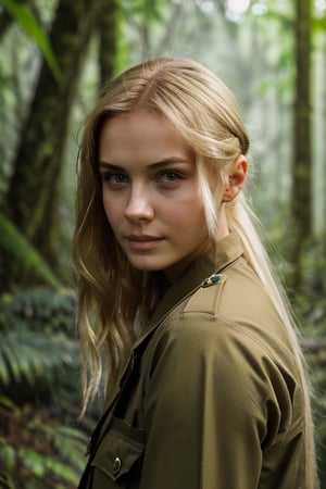 portrait of wo_fmmika01, facing the camera, serious, (her hair is tied and blonde:1.2), slim body, wearing military outfit, in an amazon forest, rainy, muddy, natural illumination, shot on Lumix GH5