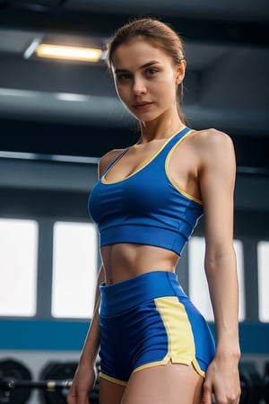 portrait of wo_fmmika01, slight smile, slim body with small breasts, wearing a gym outfit, tight, dynamic pose, in a gym, natural illumination, shot on Lumix GH5, cinematic bokeh