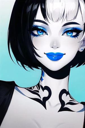 A closeup portrait of a woman with white short hair, wearing a black shirt, blue lipstick and blue eye shadow, smiling, tattoo on her neck, black and white, digital painting