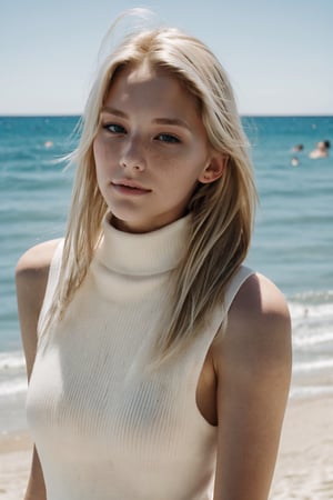 wo_haleyben01,  19 years old,  full blonde hair,  beautiful face,  sleeveless white turtleneck,  crowded public beach,  raw image,  noise effect,  skin details,  8k,  high resolution,  (((film grain))),  high details,  masterpiece,  cinematic lighting,  intricate,  realistic,  natural illumination,photorealistic