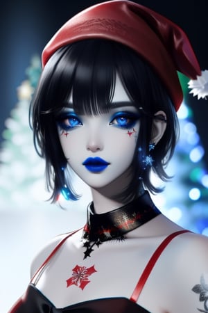 wo_g0rg301, a headshot woman with black short hair, wearing a (red christmas cap:1.2), tattos on her neck, blue lipstick, blue eye shadow, christmas tree at the background, bokeh effect, professional illumination