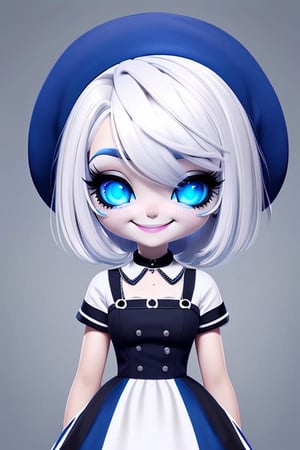 digital painting, upper body shot, white hair with blue stripes, blue eyes, black lipstick, wearing a white maid outfit, woman, big eyes, (smile:1.2), indoors, wo_g0rg301,chibi