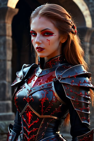 ohwx woman, A ancient vampire in a castle wearing a futuristic bloody biometallic armor