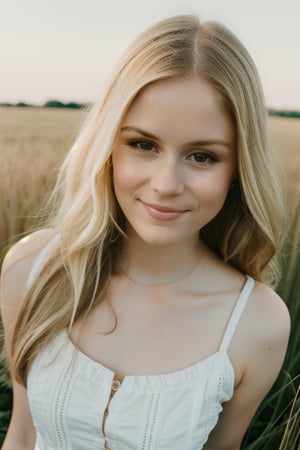 facing the camera,  portrait of a wo_erinmor01,  (gentle smile:1.4), a woman  wearing a sundress,  her hair is long and blonde,  in a field of grass,  film grain,  perfect face