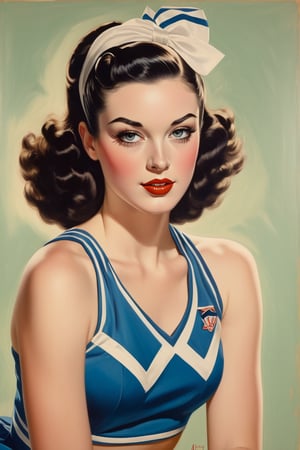 A portrait painting of ohwx woman wearing a cheerleader outfit, in the style of Alberto Vargas, pale skin
