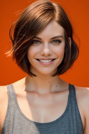 photo of wo_lacohan01, solo, medium bob cut hair, big smile, facing forward, orange theme, simple background, masterpiece,best quality, Ultra HD, high quality