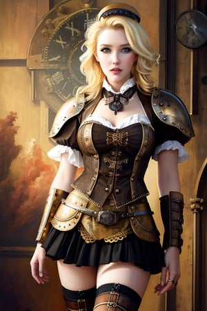 hyper realistic oil painting, wo_samrone01, blonde, steampunk theme, wearing a steampunk skirt and armor