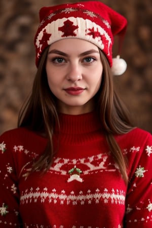 a photo of wo_flbella01, delicate traits, Sharp Focus, low key lighting, shot on Lumix GH5, cinematic bokeh, beanie, christmas sweater, christmas clothes, brown hair, (simple background:1.2), sharp cheekbones, teasing, detailed skin, Detailedface,<lora:659111690174031528:1.0>