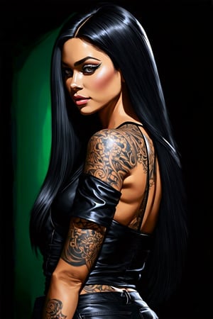 A stunning ultra-realistic digital artwork of a beautiful black woman with tattoos covering her toned arms. The white-colored tattoos stand out against her dark skin, creating a striking contrast. She wears a glossy black leather top with a slit and black leather pants, accentuating her sleek figure. Her face is adorned with white eyeliner and lipstick, adding a touch of boldness to her serious expression. Her long, straight black hair cascades down her back. The background features a gradient of black and green, with a focus on light and shadow, emphasizing the intricate details and textures in the artwork.