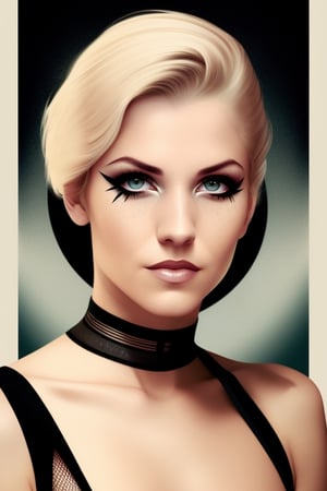 style of Alberto Vargas,  wo_iveb01, vintage medium and parted blonde hair,  mesh top, black eye shadow and eyeliner, head portrait,  the wall,  centered,  in frame,  concept art,  digital illustration,  matte,  sharp focus,  smooth,  intrincate