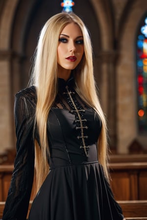 The gorgeous ohwx woman, blonde, long straight hair, with dark makeup, gothic style, wearing sexy gothic clothes, in a church, bokeh effect, natural illumination, 8k, UHD, HDR effect, masterpiece, professional photography
