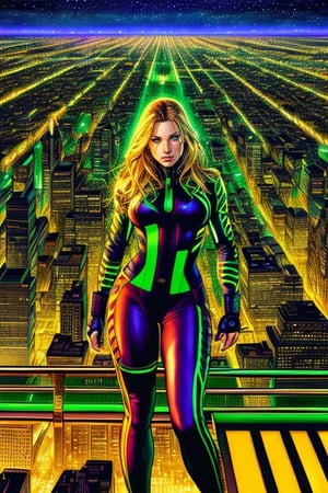 style of Jay Anacleto a illustration of wo_k1ra02 wearing a tight outfit with green lines, from above, night hour, city being illuminated in the background, high res, detailed