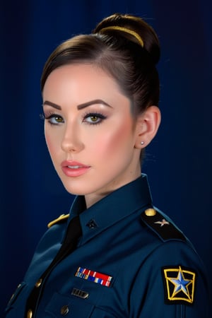 US army photo, raw photo, photoshoot model, ohwx woman, pale skin, black hair, hair in bun, dressed as us army uniform, blue army uniform, (high detailed skin:1.2), with soft, warm light coming from the left, with a telephoto lens, from a high angle and far distance, with a shallow depth of field, a high exposure, a low contrast and a high saturation