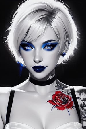 A full body portrait of a woman with white short hair, wearing a red dress, blue lipstick and blue eye shadow, smiling, tattoo on her neck, black and white, digital painting,wo_g0rg301