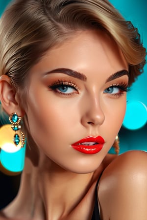 fashion magazine style photography of ohwx woman, (dramatic makeup), lip gloss, face focus, parted lips, looking at viewer, blonde highlights, eyelashes, earrings, bokeh background, sharp focus, (((cyan))), high fashion, trendy, stylish, editorial, professional, highly detailed, detailed skin, uhd, 8k, hdr, bokeh, bronze lights