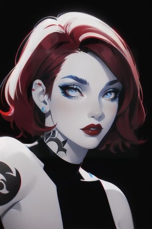 A portrait of a woman with red short hair, wearing a red dress, blue lipstick and blue eye shadow, teeth, tattoo on her neck, black and white, digital painting, black background