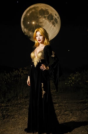 red eyes, fangs, blonde hair, (black gown, golden embroidery, revealing), full body, medium breast, scary background, 1moon, dark trees