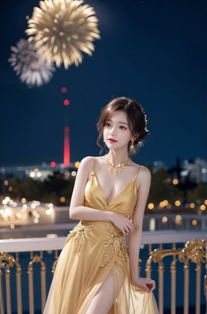 She is wearing an elegant golden dress at a gala, adorned in jewelry, leaning against the railing at a balcony outside watching the fireworks light up the dark sky