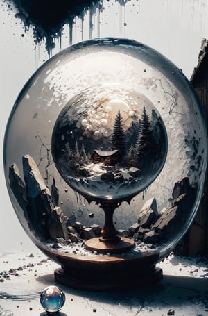 (no humans) (crystal ball, (cabin inside crystal ball),  cabin lights,  snow around ) on an wooden stand, white background, christmas lightining, empty background