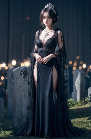 colorful, graveyard background, skeleton style, 1girl, ultra detailed hair ornament, smirk, necromancy, (black gown), beautiful detailed eyes, lights, bokeh, full body,realhands