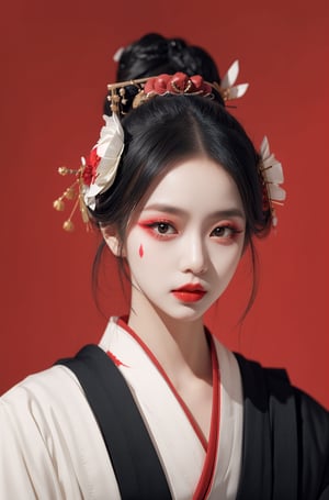 1girl, ((Black hair)), Kimono, Geisha, heavy face makeup, hair done up in a Sakkō style, white face paint, heavy makeup, red eyeliner, red lips, red eye shadow,