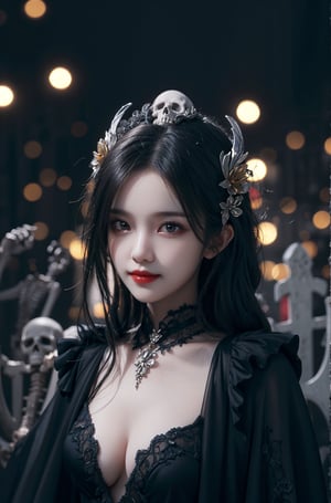 colorful, graveyard background, skeleton style, 1girl, ultra detailed hair ornament, smirk, necromancy, (black gown), beautiful detailed eyes, lights, bokeh