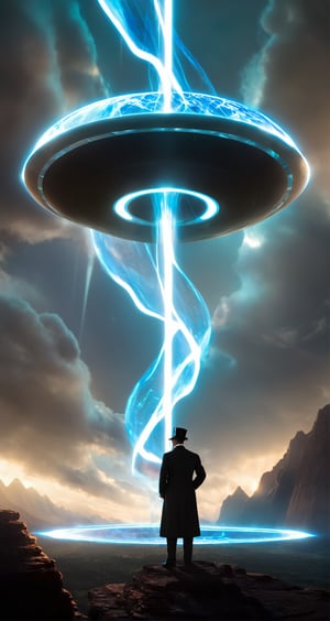 1male, ((Nikola Tesla)), 1ET, ((standing with an Aliennoid)), (power portal), (Lightning strike:1.3), (((X-shaped beam))), electric ball, field. The Mothership, UFO, (dark magic), (glow bubbles), ((floating energy bubbles)), ((black bubble)), black energy, floating_fragments:1.3, Canyon field, fantasy dynamic pose, elegant, dramtic light, volumetric light, transparency, shadow, surrealism, translucent, contrapposto, action packed, by Alena Aenami, fantasy, magic beams, (intricate details), (hyperdetailed), 8k hdr, high detailed, high quality, cinematic light, dramatic atmosphere, atmospheric perspective, vibrant, clarity, Synaptic_Shadows, DonMASKTex, Movie Still, Film Still, Cinematic, (((phantasmic projection))), neo-alien_nomad, Landskaper, steampunk style, back view, black hat, (Time flow), (Dark:1.5), ((Depth of field))