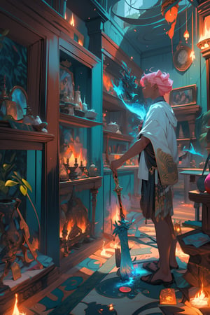 (masterpiece), best quality, 1boy, kid, mage, holding_weapon, magic staff, casting fire magic [Fire | Dragon], magican, wide shot, intricate details, pink particles swirling, ,EnvyBeautyMix23, perfect hand:1.3, indoors, cave, forest, trophys