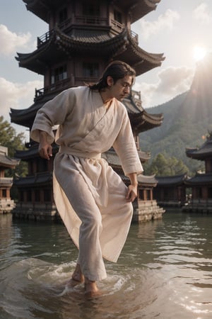 (((1man))), (((Long hair))), (((He is controlling to bend water in mountain))), (((Bend water flows))), (((full body))), (((Kungfu pose))), (((water is flowing below character))), ((bend waves in front view)), Detailed face realistic, emotion expression, (((angled face))), (((vline_chin))), no mustache, no beard, (((small nose))), ((strong wind)), long_bangs, (detailed hair:1.3), (Japanese Fashion), ((white linen uniform monk style)), Standing on water, (((Ancient pagoda))), (((ancient round yard))), ((high mountains and white clouds)), is build above the clouds, Morning glow, sunrise, realistic environment, shining glow, (((Niji5))), (((Niji3))), prompto argentum face, r1ge, (8k, best quality, top level: 1.1), ((Focal length 85mm)), (Samyang MF 85mm f/1.4 WS Mk2), bokeh background, (((blurry_background))), (((depth of field))), (((yushui))), water, Chocoale Blues, (aura_lighting) ,r1ge, ((Ultra Realistic Cinematic)),