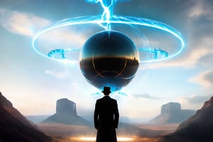 1male, ((Nikola Tesla)), 1ET, ((standing with an Aliennoid)), (power portal), (Lightning strike:1.3), (((X-shaped beam))), electric ball, field. The Mothership, UFO, (dark magic), (glow bubbles), ((floating energy bubbles)), ((black bubble)), black energy, floating_fragments:1.3, Canyon field, fantasy dynamic pose, elegant, dramtic light, volumetric light, transparency, shadow, surrealism, translucent, contrapposto, action packed, by Alena Aenami, fantasy, magic beams, (intricate details), (hyperdetailed), 8k hdr, high detailed, high quality, cinematic light, dramatic atmosphere, atmospheric perspective, vibrant, clarity, Synaptic_Shadows, DonMASKTex, Movie Still, Film Still, Cinematic, (((phantasmic projection))), neo-alien_nomad, Landskaper, steampunk style, back view, black hat, (Time flow), (View from below:1.5), Universe:1.3, (Dark:1.5), ((Depth of field))