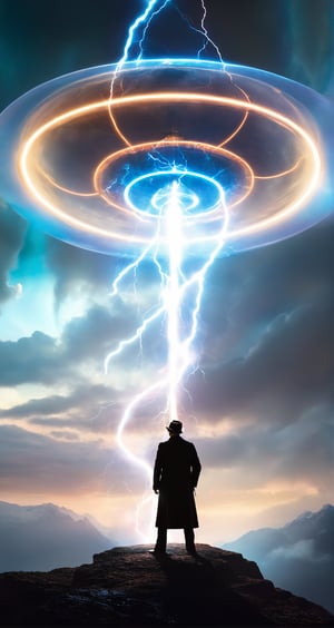 1male, ((Nikola Tesla)), 1ET, ((standing with an Aliennoid)), (power portal), (Lightning strike:1.3), (((X-shaped beam))), electric ball, field. The Mothership, UFO, (dark magic), (glow bubbles), ((floating energy bubbles)), ((black bubble)), black energy, floating_fragments:1.3, Canyon field, fantasy dynamic pose, elegant, dramtic light, volumetric light, transparency, shadow, surrealism, translucent, contrapposto, action packed, by Alena Aenami, fantasy, magic beams, (intricate details), (hyperdetailed), 8k hdr, high detailed, high quality, cinematic light, dramatic atmosphere, atmospheric perspective, vibrant, clarity, Synaptic_Shadows, DonMASKTex, Movie Still, Film Still, Cinematic, (((phantasmic projection))), neo-alien_nomad, Landskaper, steampunk style, back view, black hat, (Time flow), (View from below:1.5), Universe:1.3, (Dark:1.5), ((Depth of field))