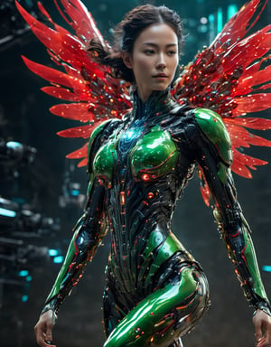 1girl, a bio mechanical cyborg arms, front facing, full body, Realistic Photography of beautiful girl. Child of the earth. The queen of space. (((Running))). Multi Wings, (Hovering:1.3), (levitate:1.3). Energy glowing behind the girl, front side, subsurface scattering, transparent nipples, liquid nake, nude, transparent arms, glow, bloom, Bioluminescent green and red liquid,3d style,cyborg style,Leonardo Style, ((depth of field:1.5)), Movie Still, Film Still, Cinematic