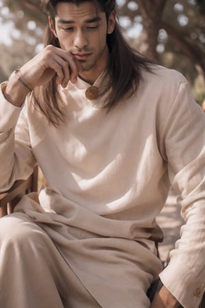 (a young man long hair is chilling under the grass in arhat pine tree garden), detailed face realistic, (((angled face))), (((vline_chin))), no mustache, no beard, (((small nose))), (((long_hair))), long_bangs, (detailed hair:1.3), gold pendant, (Japanese Fashion), ((white linen uniform monk style)), (((no wet))), (((no sweat))), sitting on old armchair, (8k, best quality, top level: 1.1), (((ancient space))), morning glow, sunrise, realistic environment, shining glow, (((Niji5))), prompto argentum face, r1ge, (((air splash))), ((focal length 85mm)), (Samyang MF 85mm f/1.4 WS Mk2), bokeh background, (((blurry_background))), (((depth of field)))